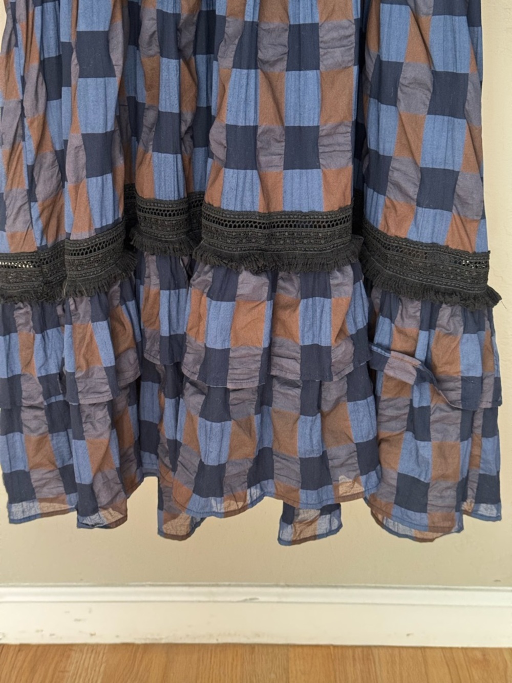 LOVE BINETTI Balloon Sleeve Blue and Brown Checkered Babydoll Dress Cotton M - Picture 5 of 16